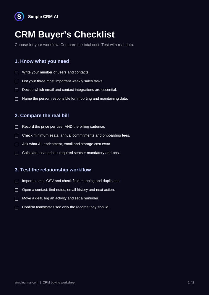 Preview of the CRM buyer’s checklist covering needs, costs and relationship workflows